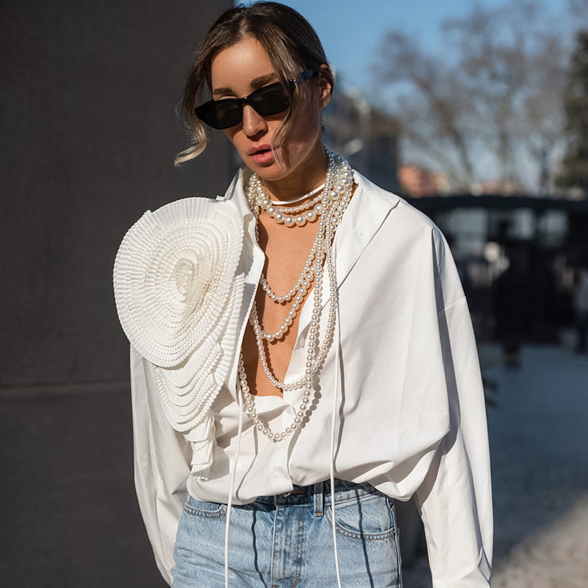 Big Flower Lapel Design Mosiac Women's Long Sleeve Dress Shirt