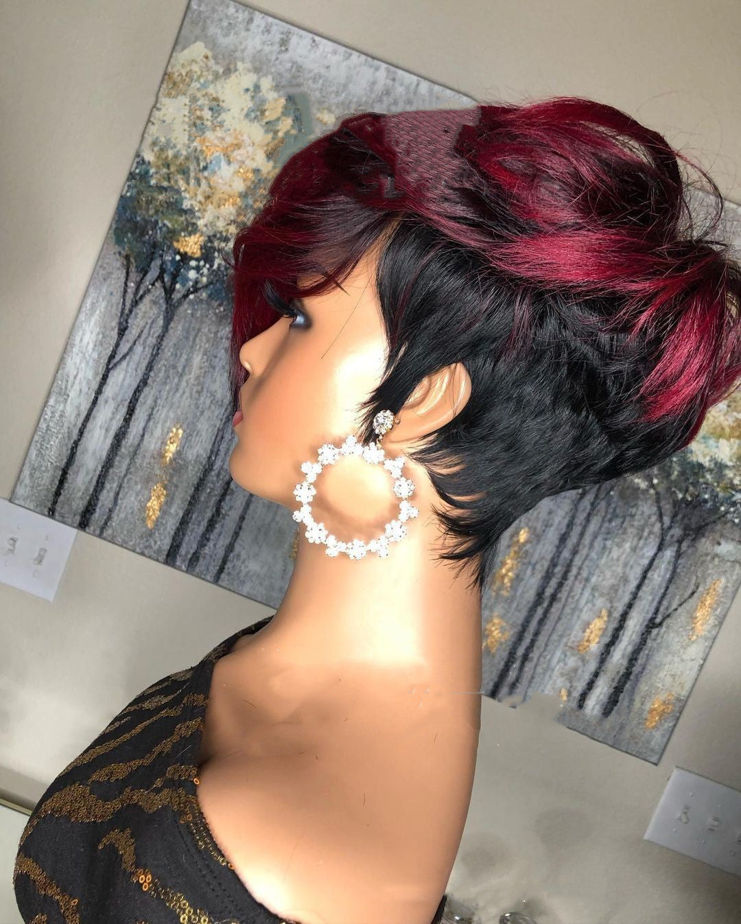 Burgundy Black Pixie Cut 100% Human Hair Short Bob Wig