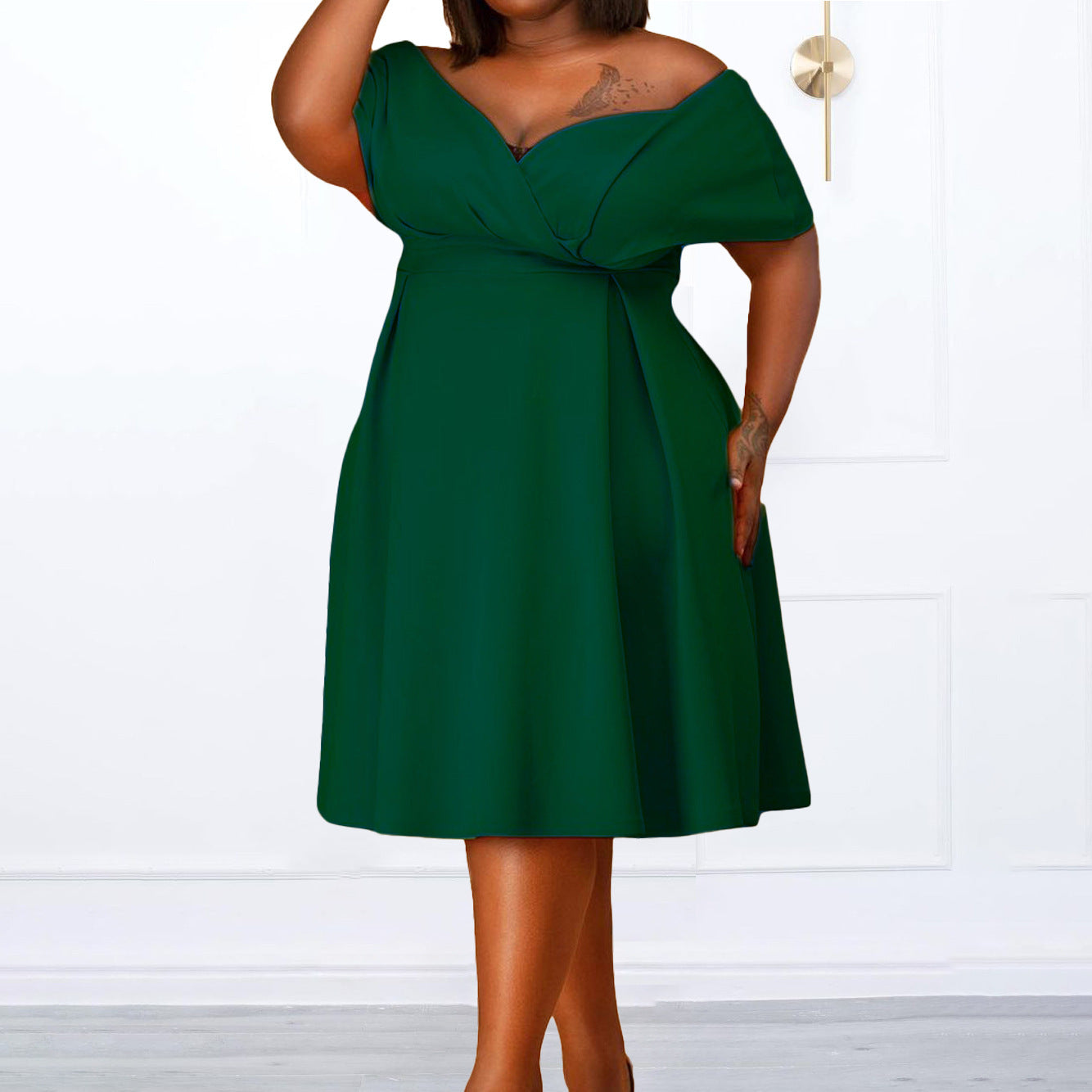 Deep V-Neck Back Bowknot Design Midi Flared Party Dress to 3X Plus Size