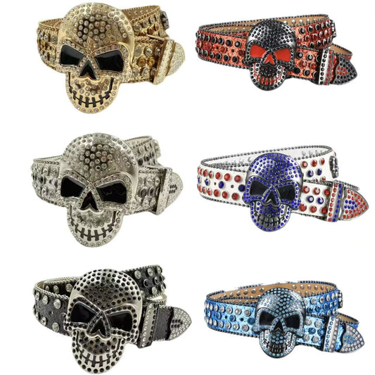 Metallic Rhinestone Skull Hip-Hop Pendant Decor Belt