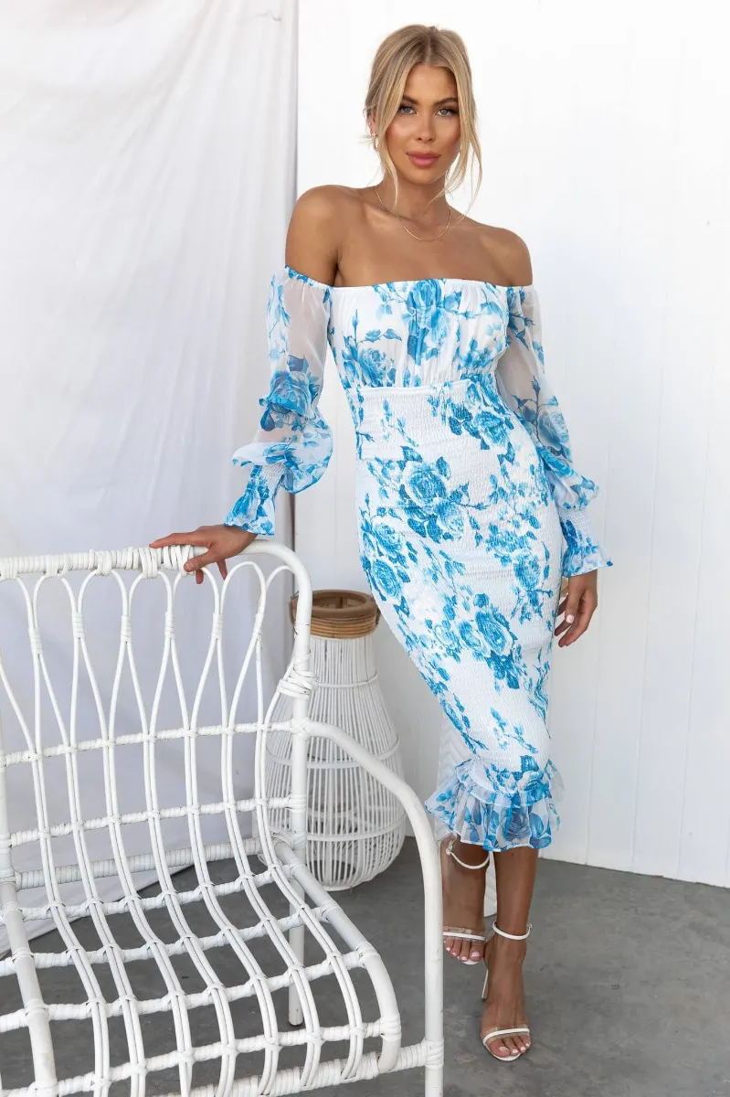 Flower Print Ruched Long Sleeve Off-the-Shoulder Flared Hem Midi Dress