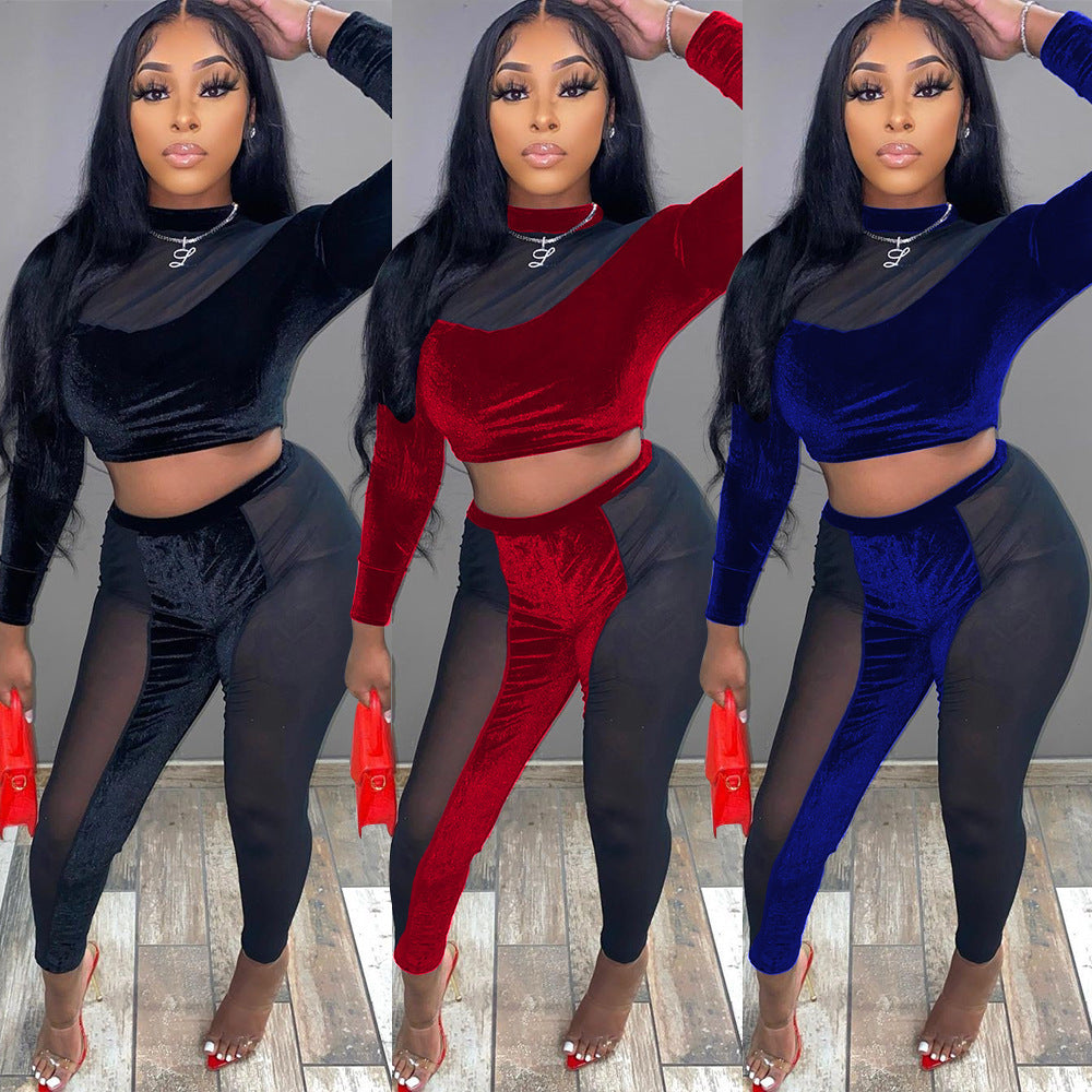 Sheer Transparent Patchwork Long Sleeve Crop Top + Colorblock Skinny Leggings Women's 2-Piece Set