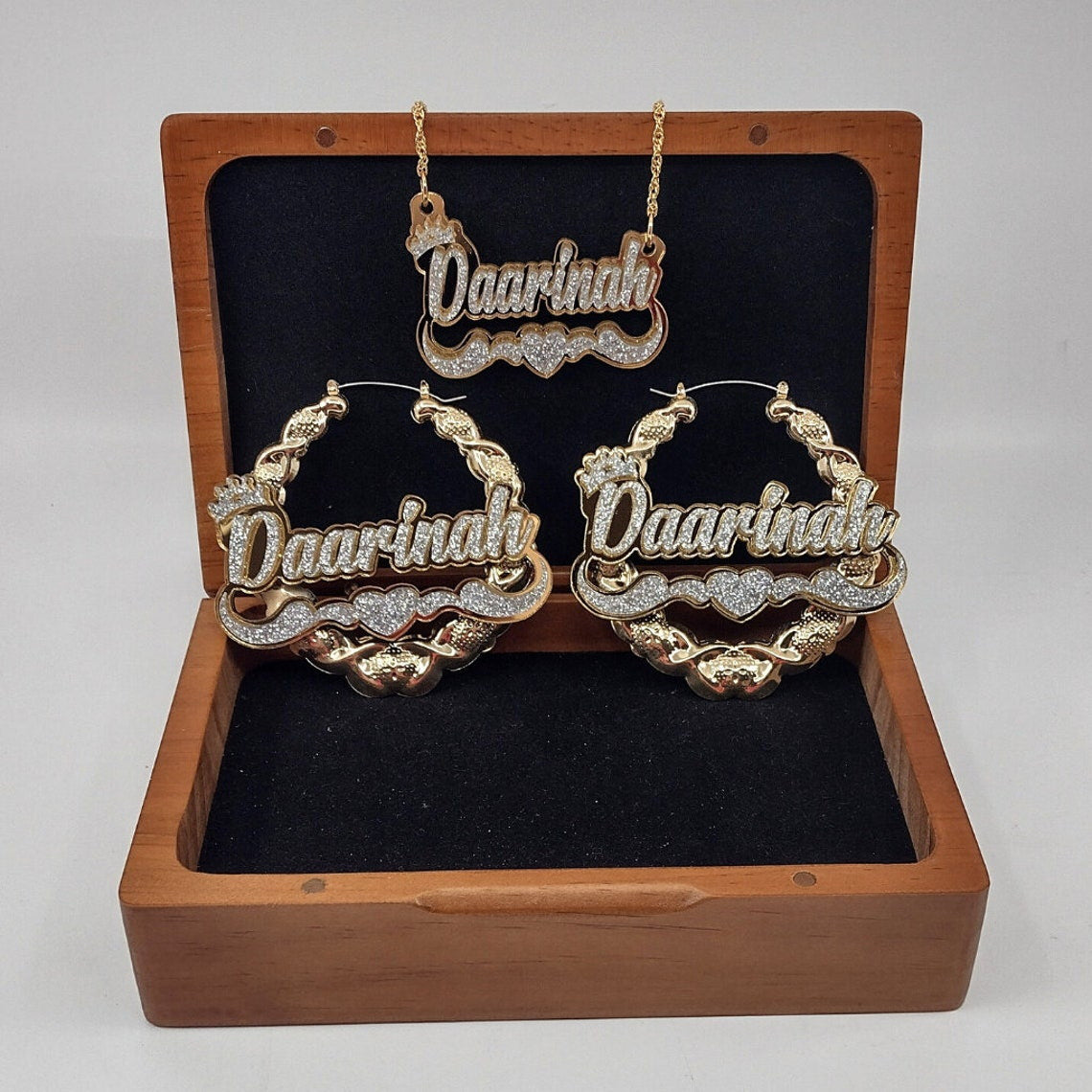 Customized Vintage Hip-Hop Nameplate Chain Necklace + Hoop Earring Set