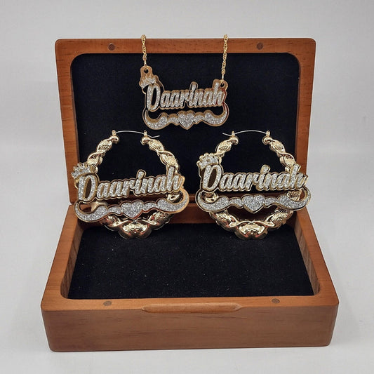 Customized Vintage Hip-Hop Nameplate Chain Necklace + Hoop Earring Set