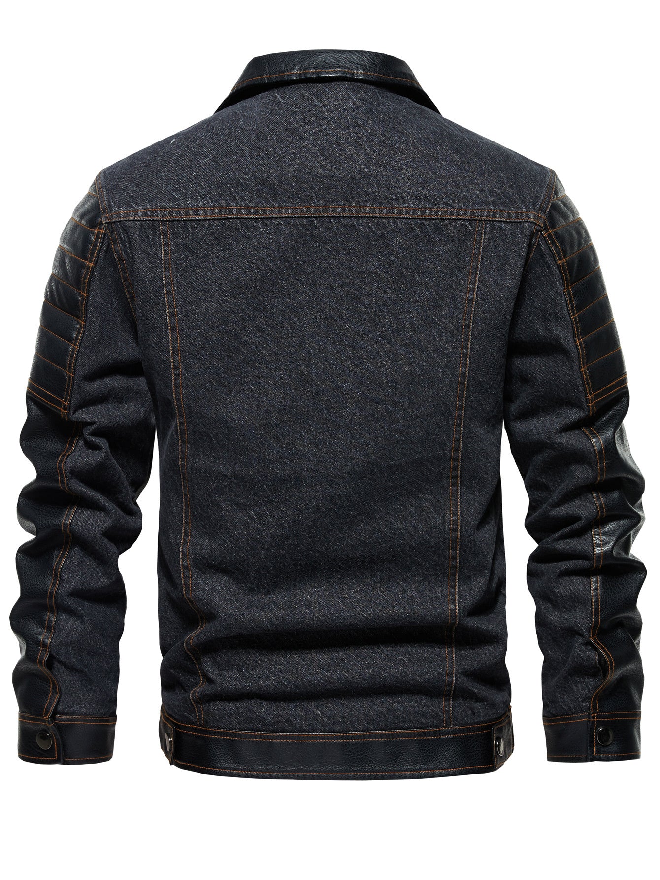 Men's Denim PU Leather Patchwork Colorblock Double Pocket Jean Jacket