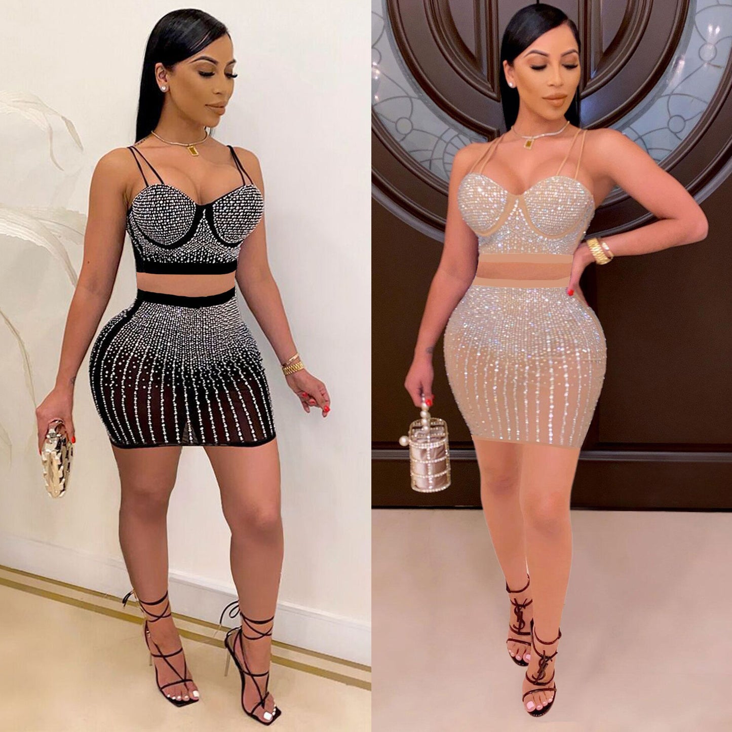 Diamond Encrusted Women's Crop Tank Top + Mini Skirt 2-Piece Set to 3X Plus Size