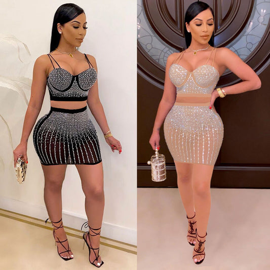 Diamond Encrusted Women's Crop Tank Top + Mini Skirt 2-Piece Set to 3X Plus Size