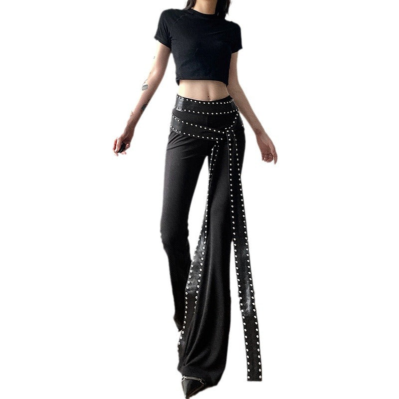 Black Rivet Design Flared Leg Women's Pants w/ Hanging Sash Belt