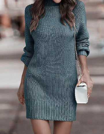 Ribbed Turtleneck Long Sleeve Solid Color Mini Sweater Dress