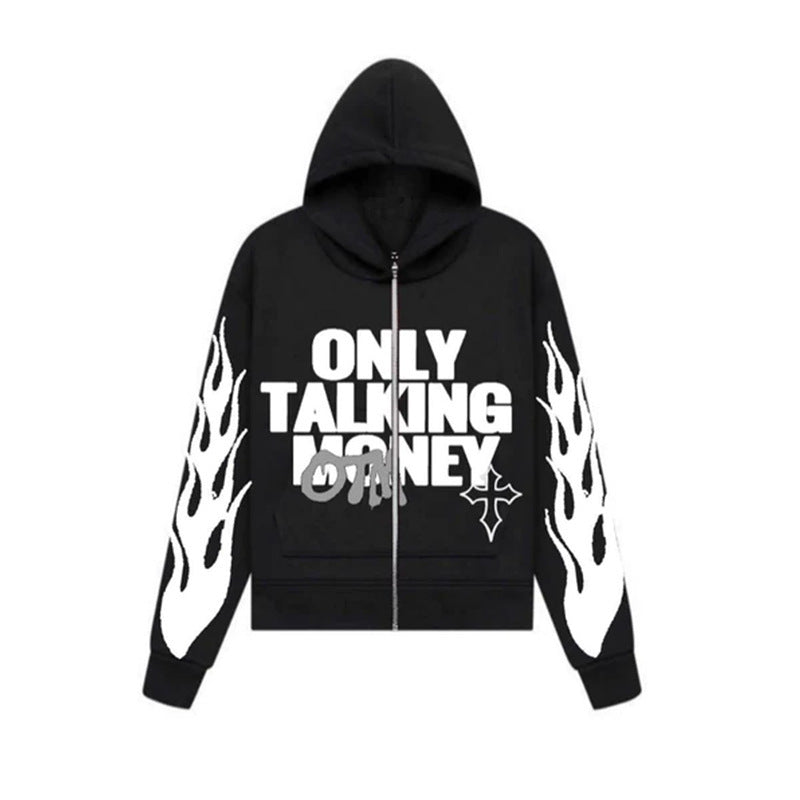 Men's "ONLY TALKING MONEY" Flame Letter Print Hip-Hop Zipper Hoodie Sweatshirts