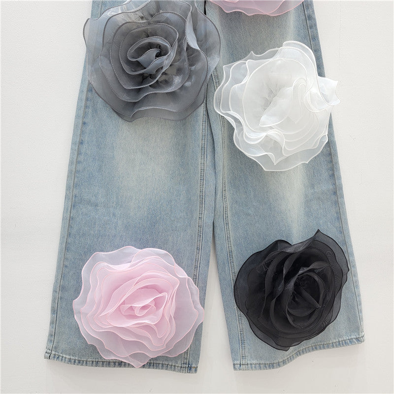 Embroidered Rose Flower Crystal Tassel Design High Waist Women's Jeans