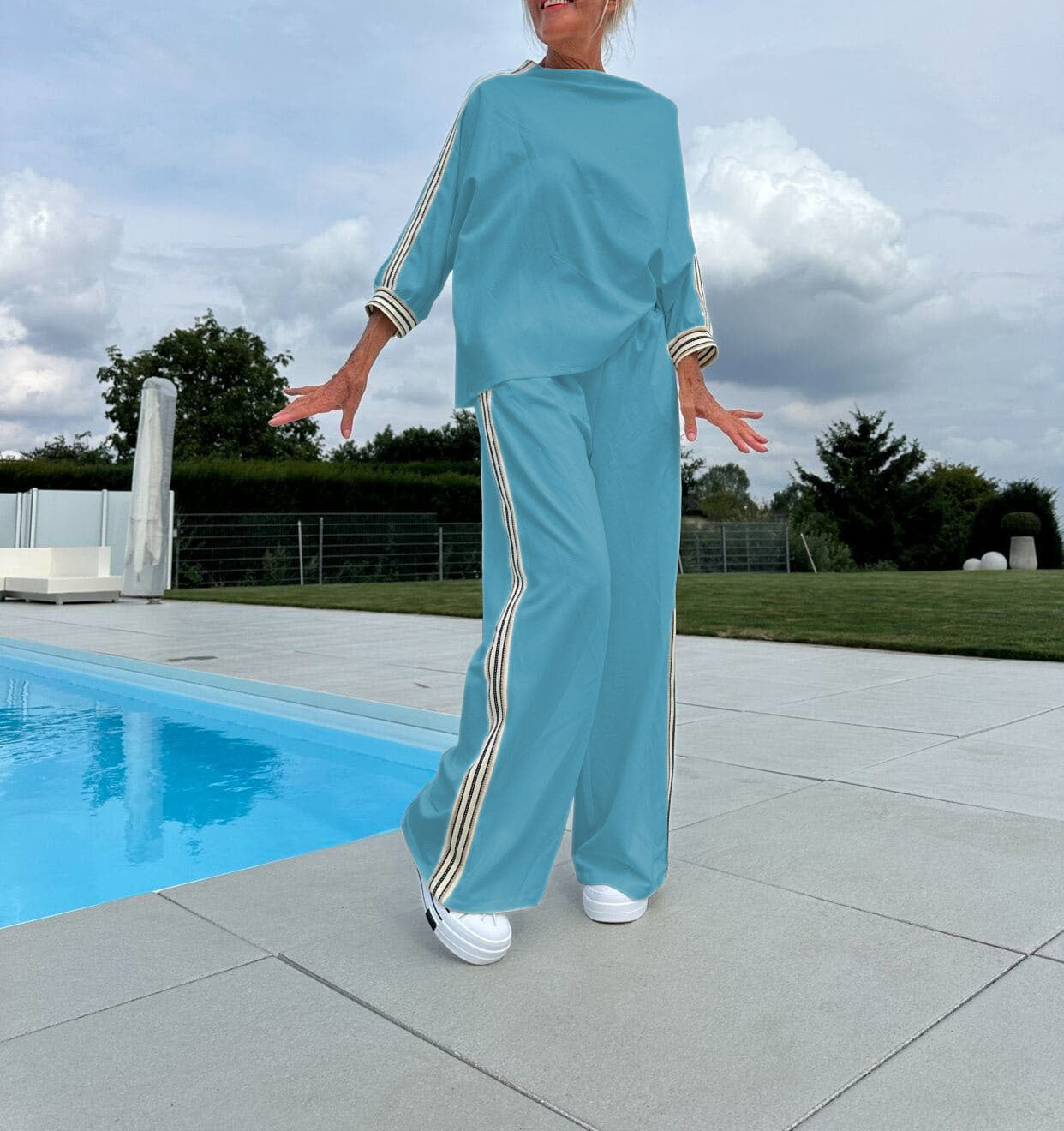 Side Striped Oversized Loose Long Sleeve Sports Shirt + Baggy Sweatpants 2-Piece Set to 3X Plus Size