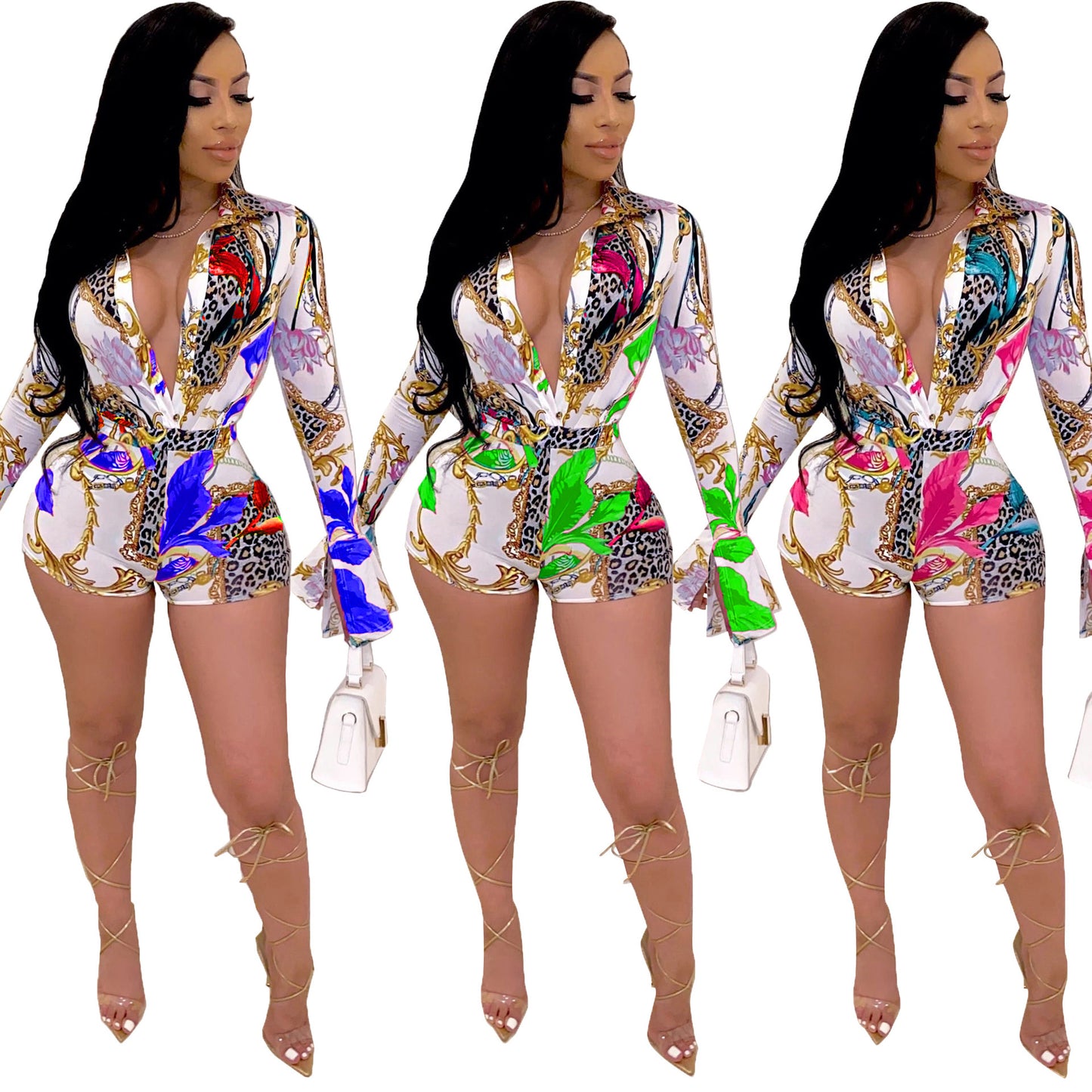 Baroque Print Deep V-Neck Long Sleeve Women's Shorts One-Piece Romper