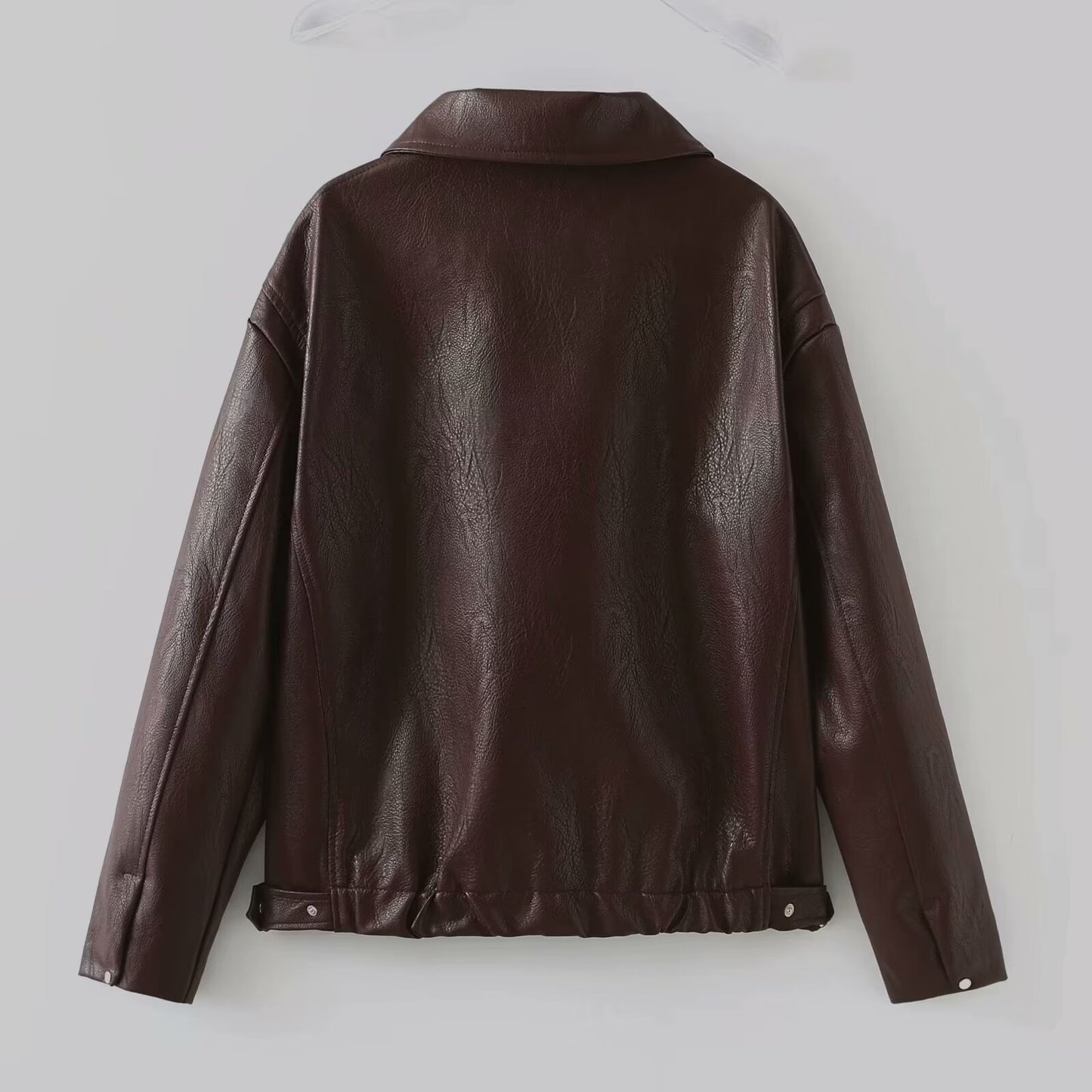 PU Leather Women's Solid Color Turn-Down Collar Long Sleeve Zipper Jacket