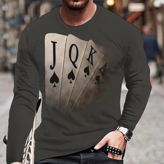 Men's Hip-Hop 3D Striped/Solid Playing Card Letter Digital Print Long Sleeve T-Shirt