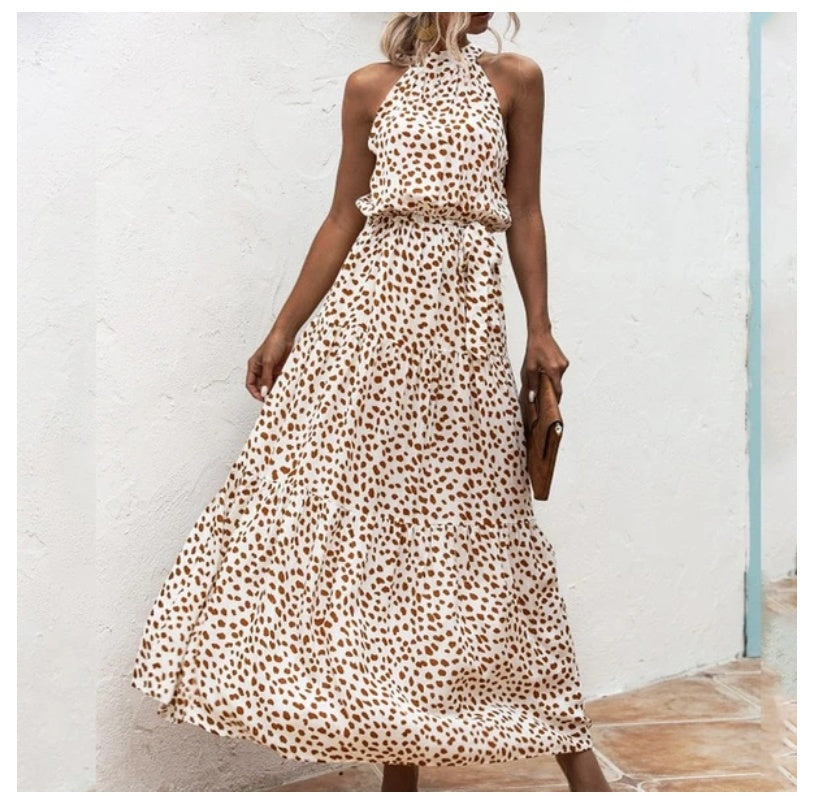 Sleeveless Polka Dot Print Tiered Mock Neck Sash Belt Maxi Dress