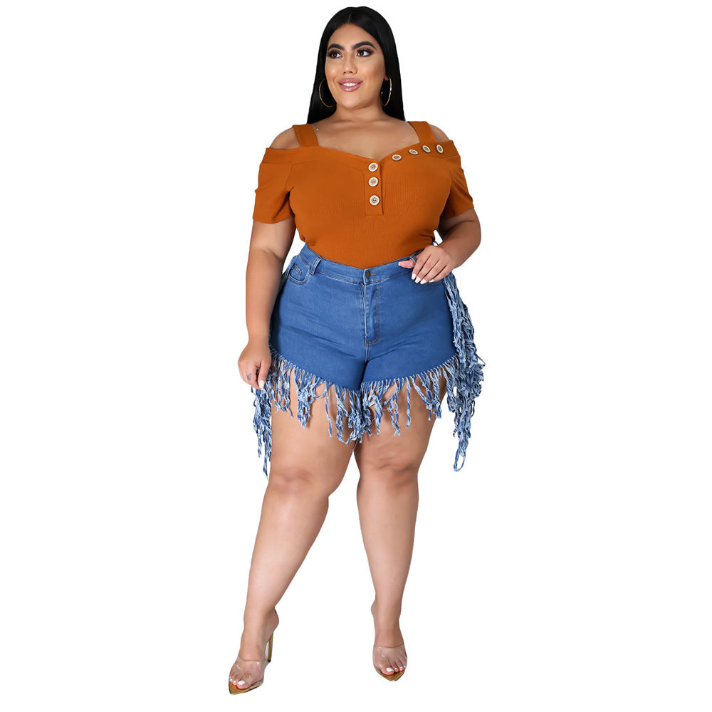 Denim Tassel Fringe Women's Jean Shorts to 4X Plus Size