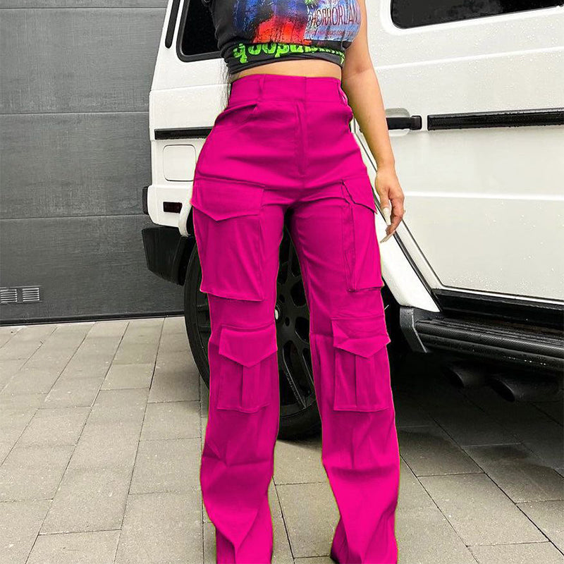 Shiny High Waisted Women Pocketed Cargo Pants