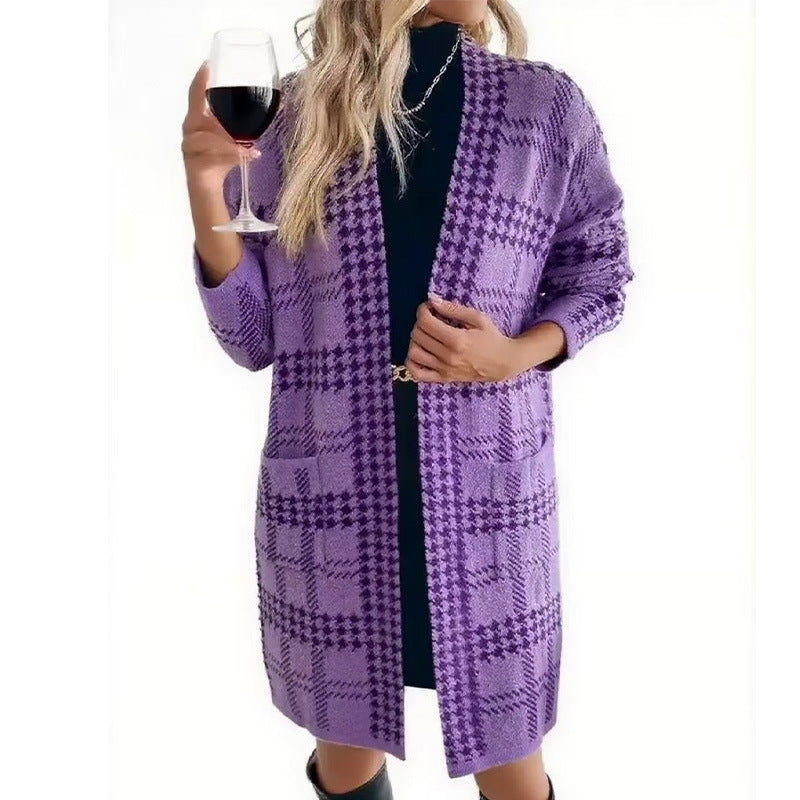 Plaid Houndstooth Print Knitted Pocketed Women's Long Sleeve Maxi Sweater
