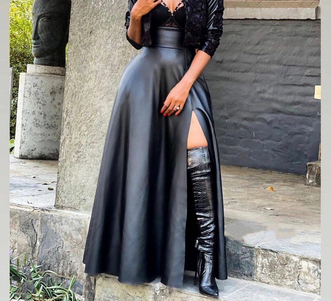 PU Leather Solid Color Women's High Slit Irregular Maxi Skirt