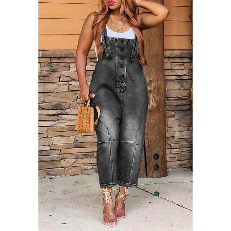Denim Faded Colorblock Women's Button Front Overalls Jean Jumpsuit to 3X Plus Size