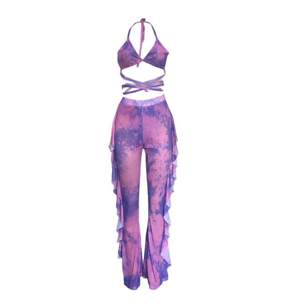 Mesh Butterfly/Tie-Dye Print Bikini Top + Tassel Fringe Design Pants Women's 2-Piece Set