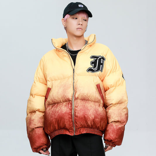 Men's Colorblock Letter Print Hip-Hop Padded Puffer Bomber Zipper Varsity Jacket