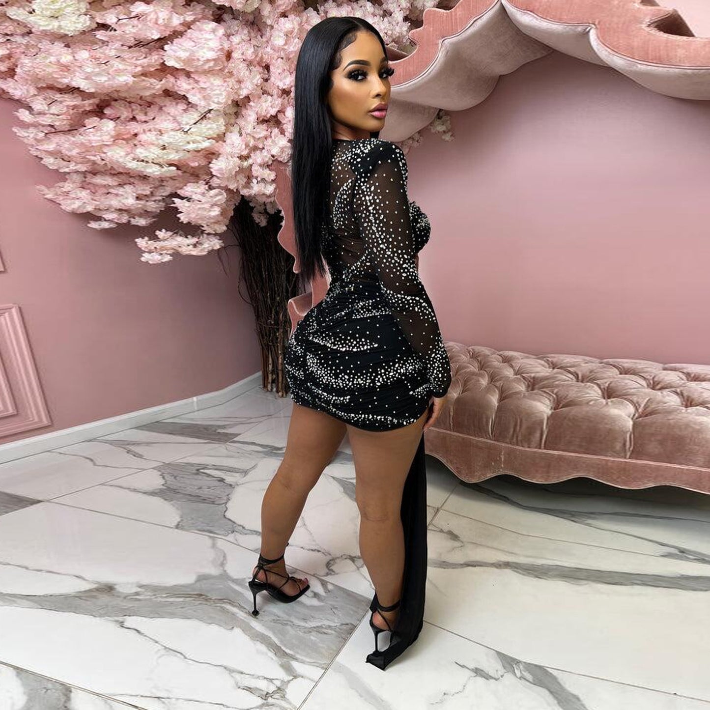 Rhinestone Hot Drill Padded Shoulder Hollow-Out Skinny Mini Formal Dress w/ Sweep Train