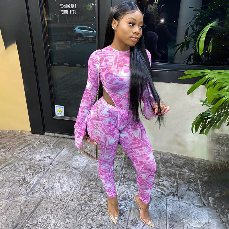 Mesh Chiffon Hot Pink Sheer Money Print Long Sleeve Zipper Back Top + Spandex Leggings Women's 2-Piece Set