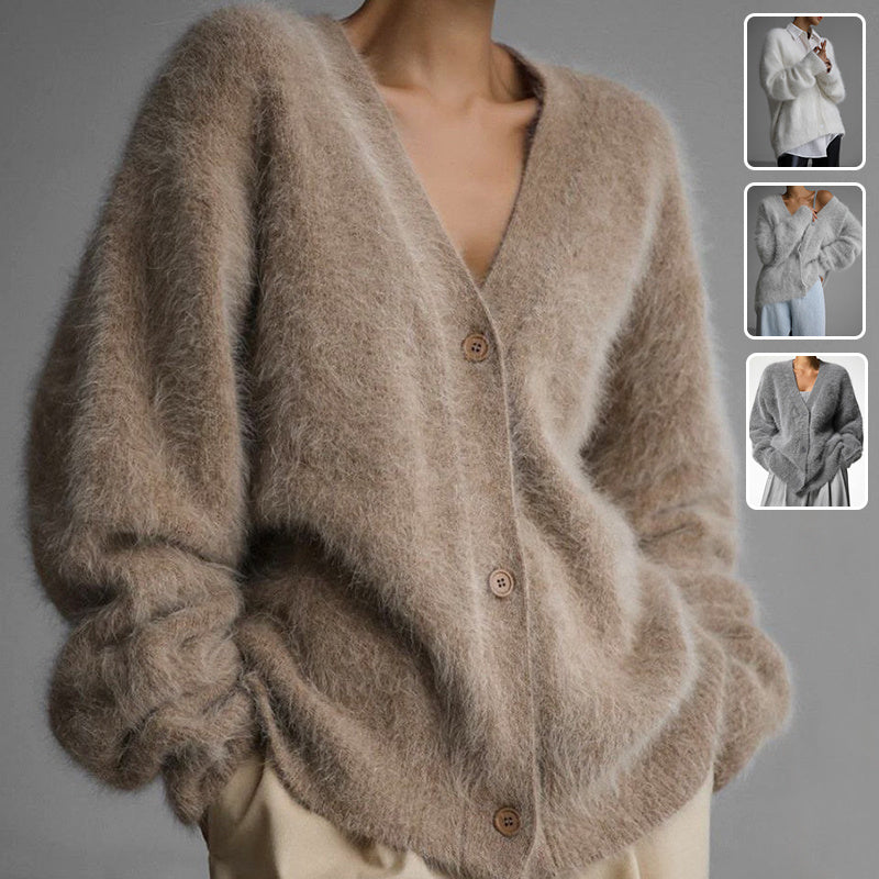 Fuzzy Soft Button Front V-Neck Button Single Breasted Knitted Women's Cardigan Sweater