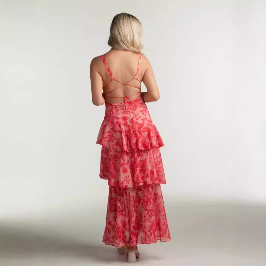 Floral Print Temperament Tiered Sleeveless Fairy Maxi Dress