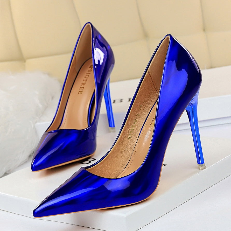 Glossy Shallow Mouth Patent Leather Solid Color Stiletto Heel Women's Pumps