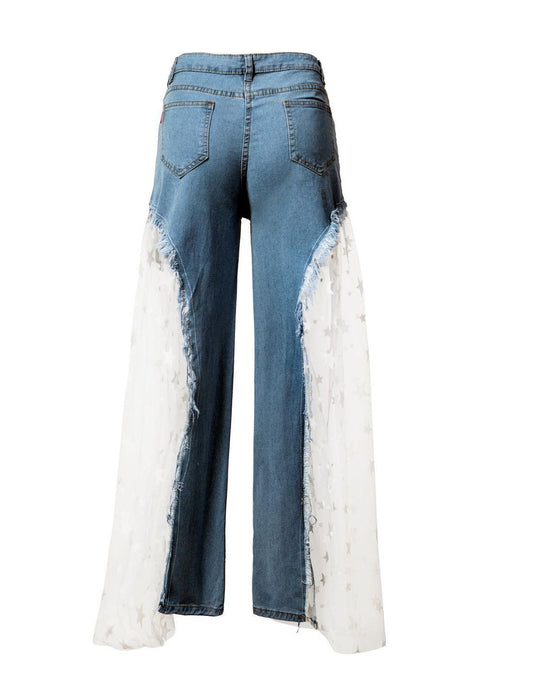 Denim Lace Tulle Hollow-Out Sheer Transparent Patchwork Design Women's Jeans