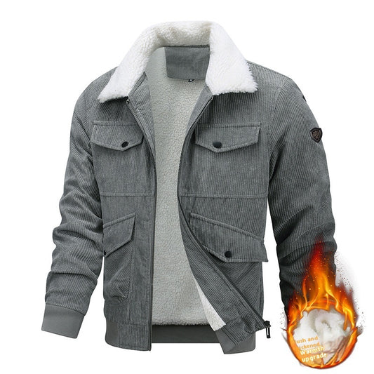 Men's Corduroy Fleece Lined Cargo Pocketed Solid Color Bomber Jacket