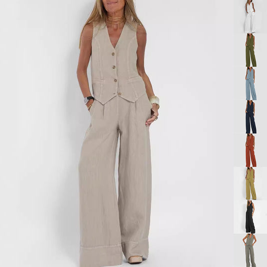 Sleeveless Solid Color V-Neck Button-Up Suit Vest + Loose Pants Women's 2-Piece Suit to 4X Plus Size