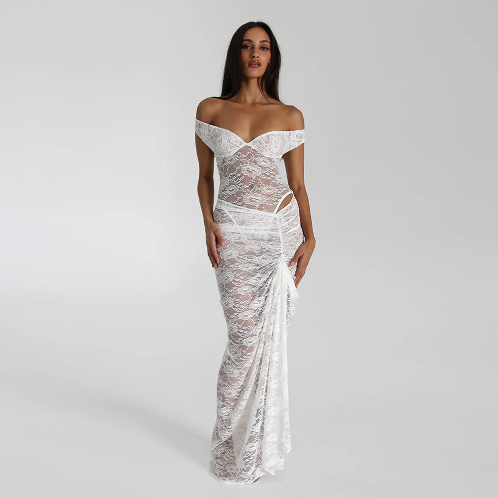 Lace Transparent Off-the-Shoulder Sleeveless Backless Maxi Dress
