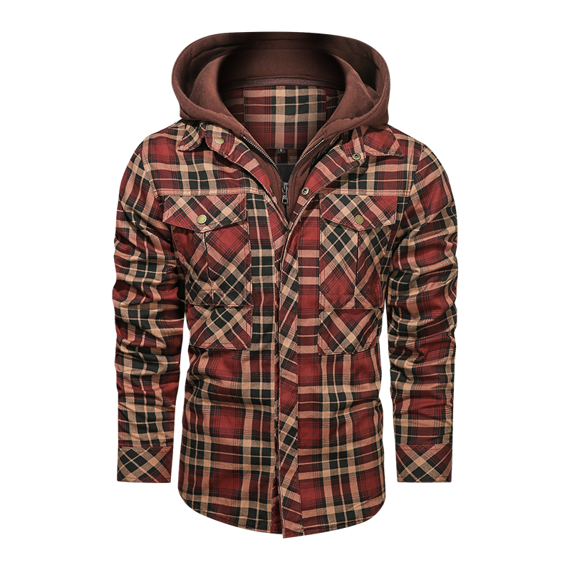 Layered Plaid Men's Fleece Detachable Slim Fit Hoodie Jacket