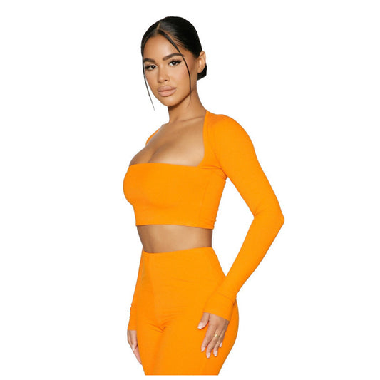U-Neck Long Sleeve Solid Color Crop Top + Skinny Mini Skirt 2-Piece Set