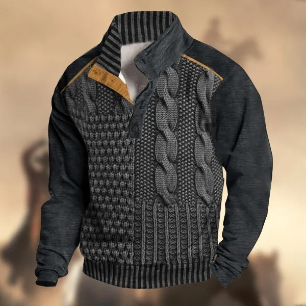 Men's Knitted Buckle Weave Pattern Mandarin Collar Long Sleeve Sweater