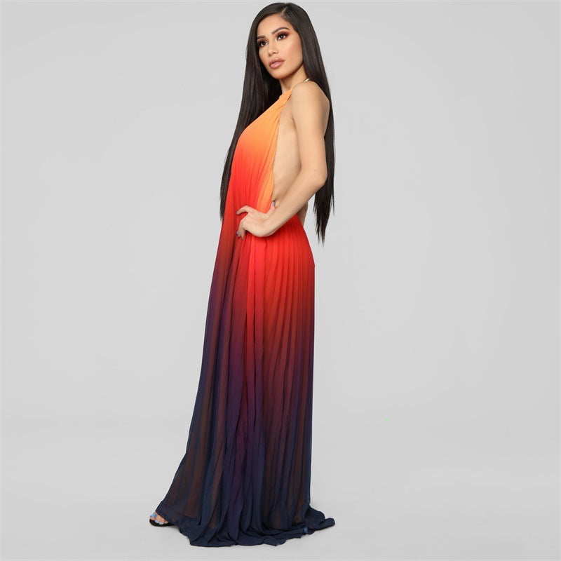 Gradient Colorblock Pleated Sleeveless Ruched Chiffon Halter Formal Maxi Dress