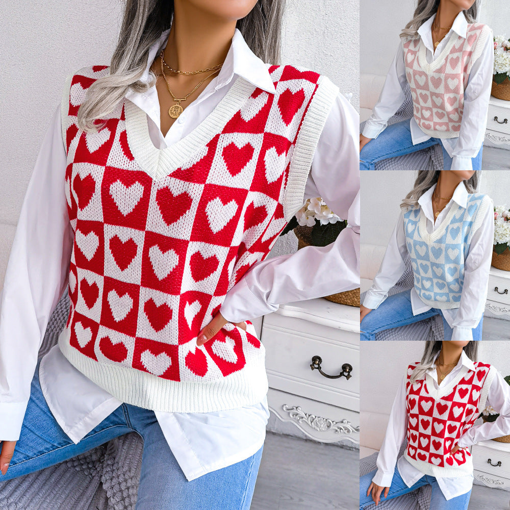 Preppy Colorblock Heart Print Women's V-Neck Knitted Sweater Vest