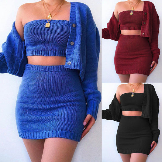 Knitted Weave Pattern Button-Up Solid Color Cardigan Sweater + Sleeveless Tube Top + Mini Skirt Women's 3-Piece Set