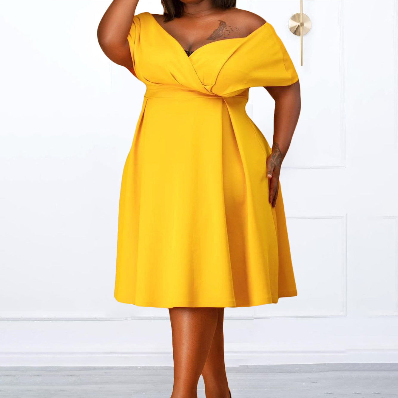 Deep V-Neck Back Bowknot Design Midi Flared Party Dress to 3X Plus Size