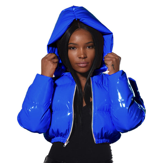 Glossy Hip-Hop Faux Leather Cropped Women's Down Cotton Puffer Hoodie Jacket