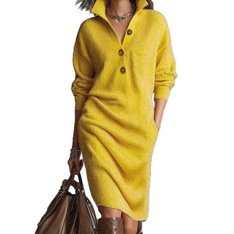 Knitted Button-Up Long Sleeve Stand Turn-Down Collar Pullover Sweater Dress to 3X Plus Size