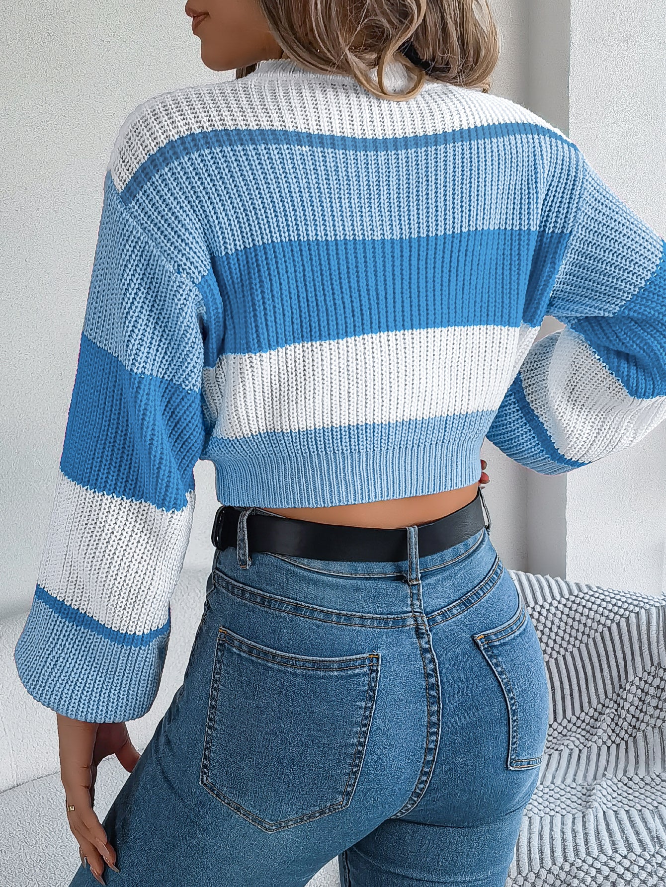 Women Casual Color Block Lantern Sleeve Cropped Pullover Sweater