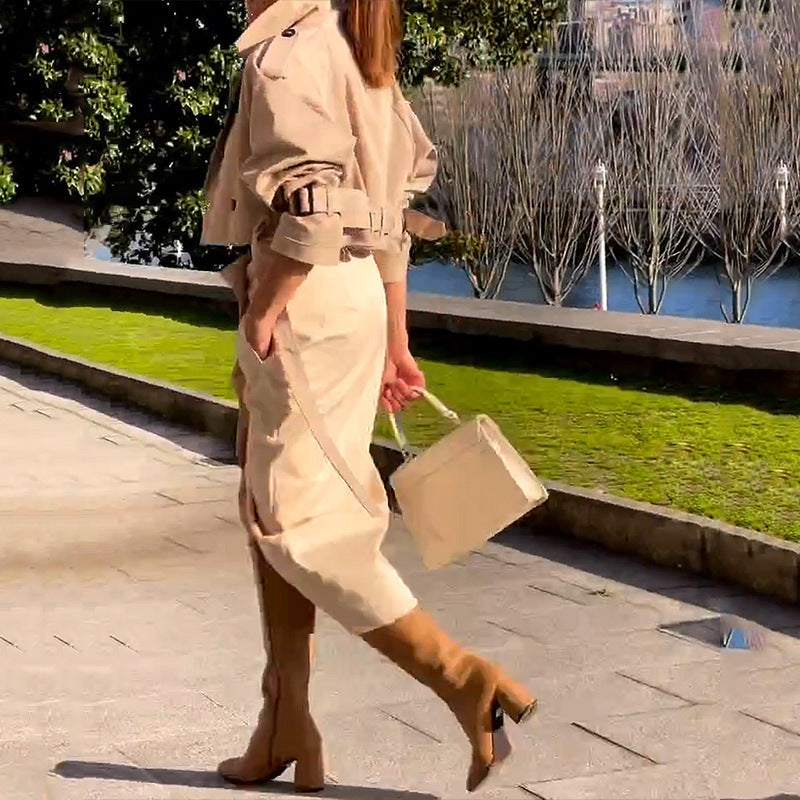Irregular Short Sleeve Turn-Down Collar Safari Zipper Jacket + High Slit Wrapped Cargo Pocketed Skirt Women's 2-Piece Set