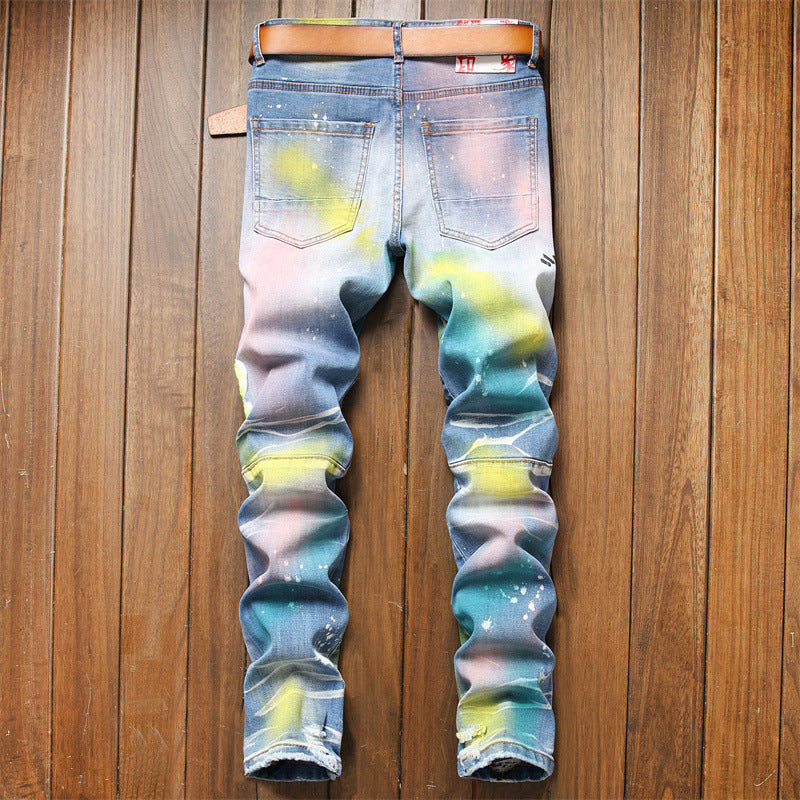 Ripped Men's Painted Patch Hip-Hop Graffiti Design Ruched Stretch Skinny Jeans