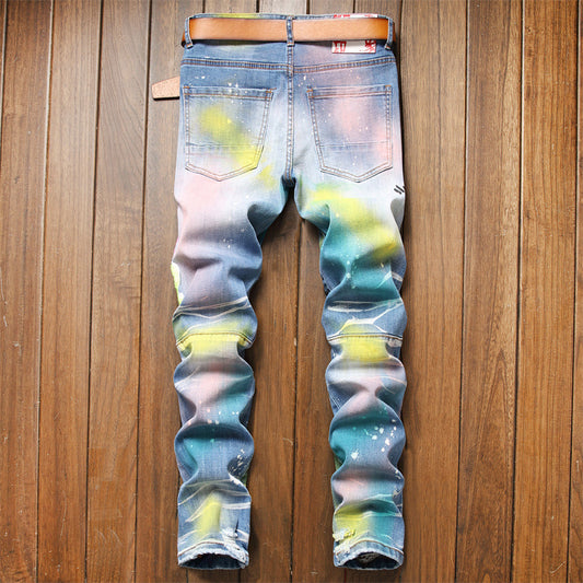 Ripped Men's Painted Patch Hip-Hop Graffiti Design Ruched Stretch Skinny Jeans