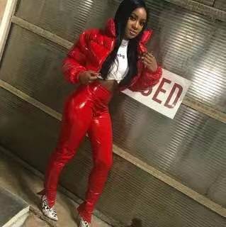 Shiny Faux Leather Women's Solid Color Quilted Down Cotton Puffer Bomber Jacket